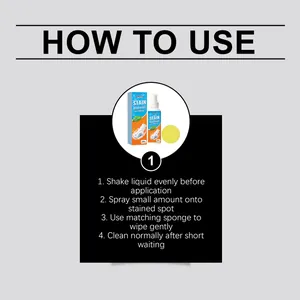 Instructions showing how to use the garment stain remover liquid and sponge.