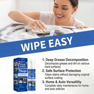 Multi-purpose foam cleaner spray for household grease and surface stains with usage demo