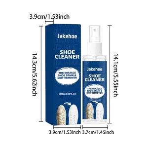 Detailed dimensions of the 100ml Jakehoe shoe cleaner spray bottle and its box