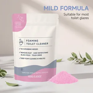 Pink foaming toilet cleaner powder and product packaging for deep stain removal
