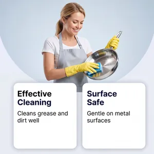 Woman cleaning a stainless steel pan with a sponge to show effective grease removal