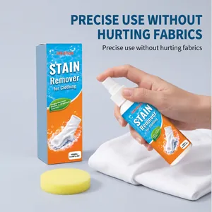 Detailed view of Jakehoe clothing stain remover spray being used on a white fabric surface