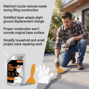 Close-up of DIY concrete crack filler kit being applied to outdoor pavement with a spatula
