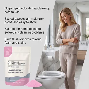 Powerful foaming toilet cleaner powder in scenario with modern bathroom and clean toilet bowl.