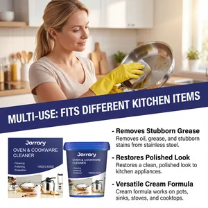 Detail view of Jarrary oven and cookware cleaner cream removing grease from a pan