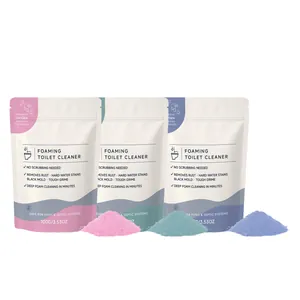 Three bags of powerful foaming toilet cleaner powder in pink green and blue for deep cleaning