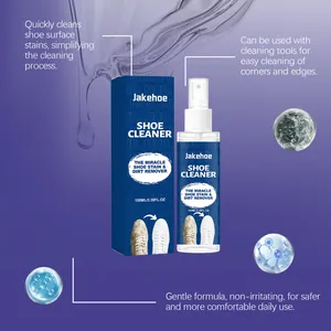 Close-up of Jakehoe 100ml shoe cleaner spray bottle with premium blue packaging box design