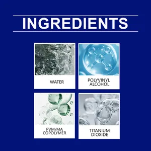 Detail view of ingredients for transparent leakage repair glue including water and polymers
