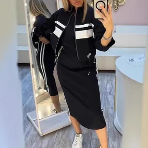 Sporty black two-piece set with white stripes including zip-up jacket and midi dress