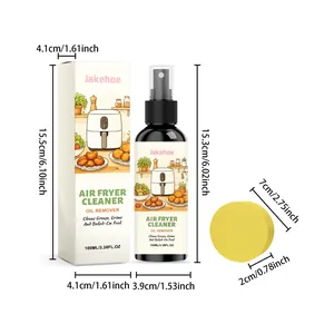 Detailed view of air fryer cleaner spray set with dimensions for box, bottle and sponge