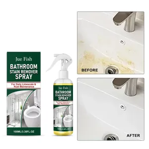Before and after cleaning comparison of Jue Fish bathroom stain remover spray on a sink.