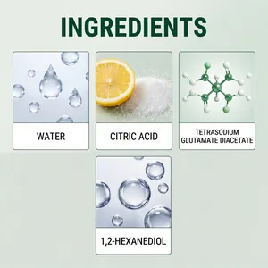 Detailed infographic listing bathroom cleaner ingredients like citric acid and water drops.