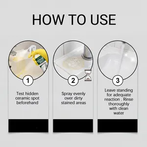 Visual 3-step guide for Jue Fish bathroom stain remover spray cleaning a sink.