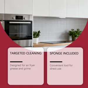 Close-up detail of air fryer cleaner features: targeted cleaning and included sponge