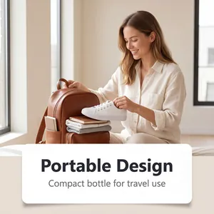 Lifestyle detail showing white sneaker being packed into a brown leather backpack