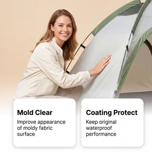Close-up demonstration of tent mold remover results on clean waterproof outdoor fabric surface