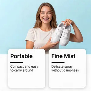 Model holding white sneakers showing portable fine mist spray benefit detail
