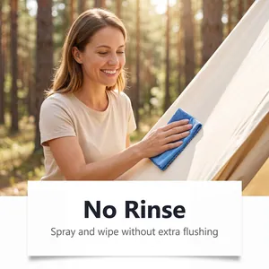 Wiping tent fabric with mold remover spray for effective outdoor canvas cleaning