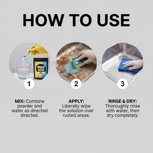 Visual guide showing three steps to use oxalic acid rust remover on a metal sink