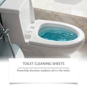 Detail of Jakehoe toilet cleaning sheets dissolving stubborn dirt in a clean white ceramic toilet