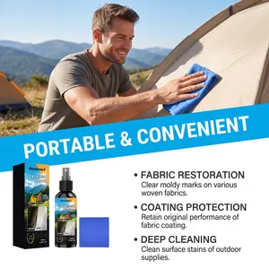 HozoneX tent mildew remover spray showing fabric restoration and coating protection features