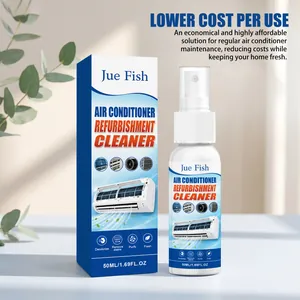 Detailweergave van de Jue Fish airconditioning reiniger sprayfles en de bijbehorende verpakking