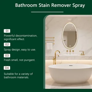 Detailed features of bathroom stain remover spray shown with modern bathroom scene