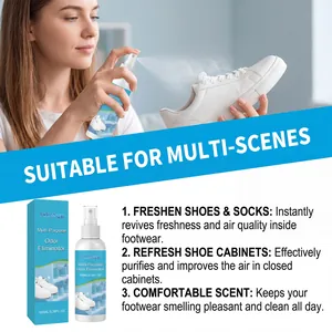 Woman spraying Jakehoe multi-purpose odor eliminator on white sneaker for instant freshness