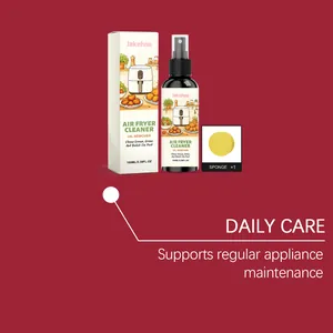 Detailed view of Jakehoe air fryer cleaner spray bottle, box, and cleaning sponge