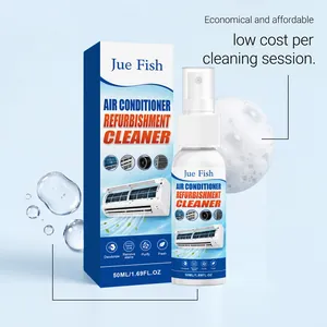Professionele Jue Fish airconditioner reiniger spray en doos met bubbels achtergrond