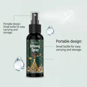 Detail showing portable 100ml fabric stiffening spray bottle with Christmas label design.