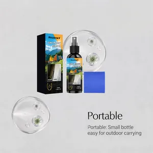 Macro view of portable HozoneX tent mildew remover bottle with spray nozzle