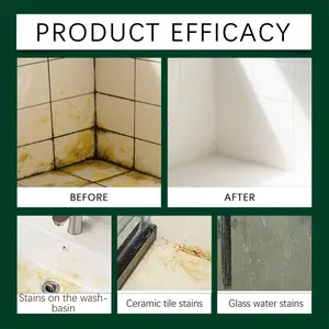 Effective results of bathroom cleaner spray on stained ceramic tiles and glass water stains.