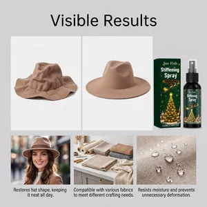 Before and after comparison of Jue Fish fabric stiffening spray on a brown fedora hat