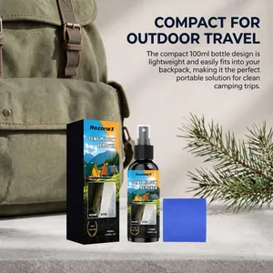 Compact 100ml tent mildew remover spray kit with packaging and a blue cleaning cloth.