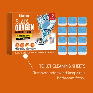 Detail view of JAKEHOE toilet cleaning tablets showing 12 blue sheets and functions.