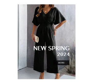 Elegant black V-neck short sleeve wide-leg jumpsuit for women, new 2024 spring collection