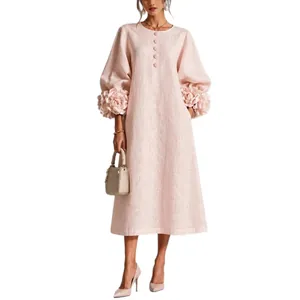 Robe midi élégante de style français avec manches lanternes à fleurs 3D en lin rose.