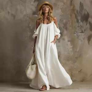 Elegant white off-shoulder maxi dress with pockets for a summer casual and chic style