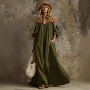 Elegant olive green off-the-shoulder cotton linen maxi dress with pockets for women