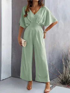 Elegant sage green women's wide-leg jumpsuit with V-neck and short sleeves for summer