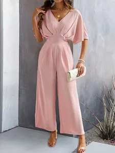 Elegant pink short sleeve V-neck wide leg jumpsuit for women 2024 spring fashion