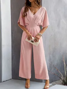 Elegant pink short sleeve wide-leg jumpsuit with V-neck and high waist detail for women