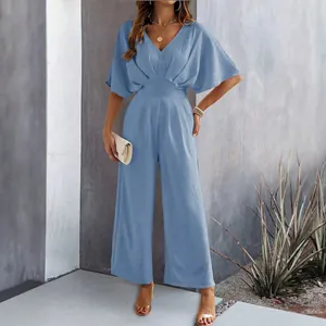 Women's elegant light blue V-neck short sleeve wide leg jumpsuit for spring summer