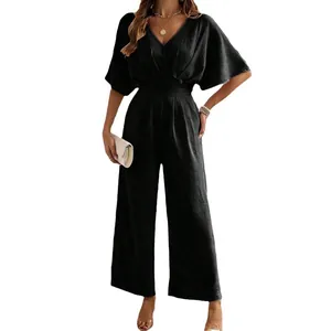 Elegant black V-neck short sleeve wide leg jumpsuit for women, perfect for casual summer wear