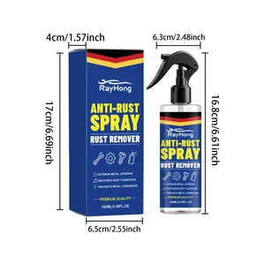 Detailed view of RayHong anti-rust spray and packaging dimensions in cm and inches.