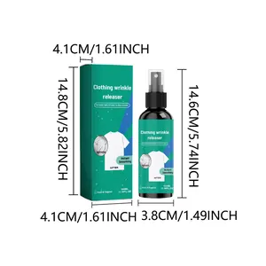Gedetailleerde afmetingen van 100ml kleding kreukhersteller spray en de verpakking.