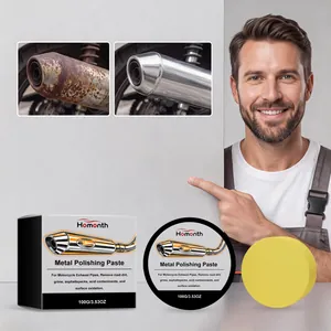 Detailed view of Homonth metal polishing paste showing effective before and after results