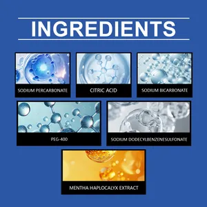 Close-up detail of pipe cleaning tablet ingredients like Sodium Percarbonate and Citric Acid.