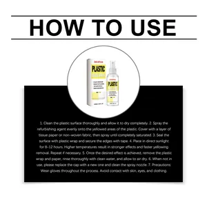 Instrucciones detalladas en inglés para usar el spray de renovación de plástico JAKEHOE.